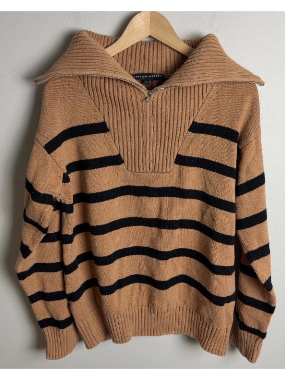 English Factory Striped Quarter-Zip Sweater Tan Black Wide Collar Size Large Wms